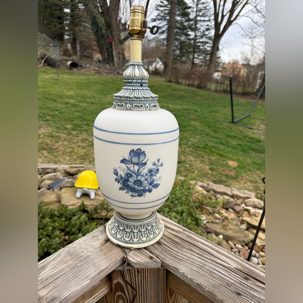 Vintage Blue & White Glass large  Lamp table cottage core ginger